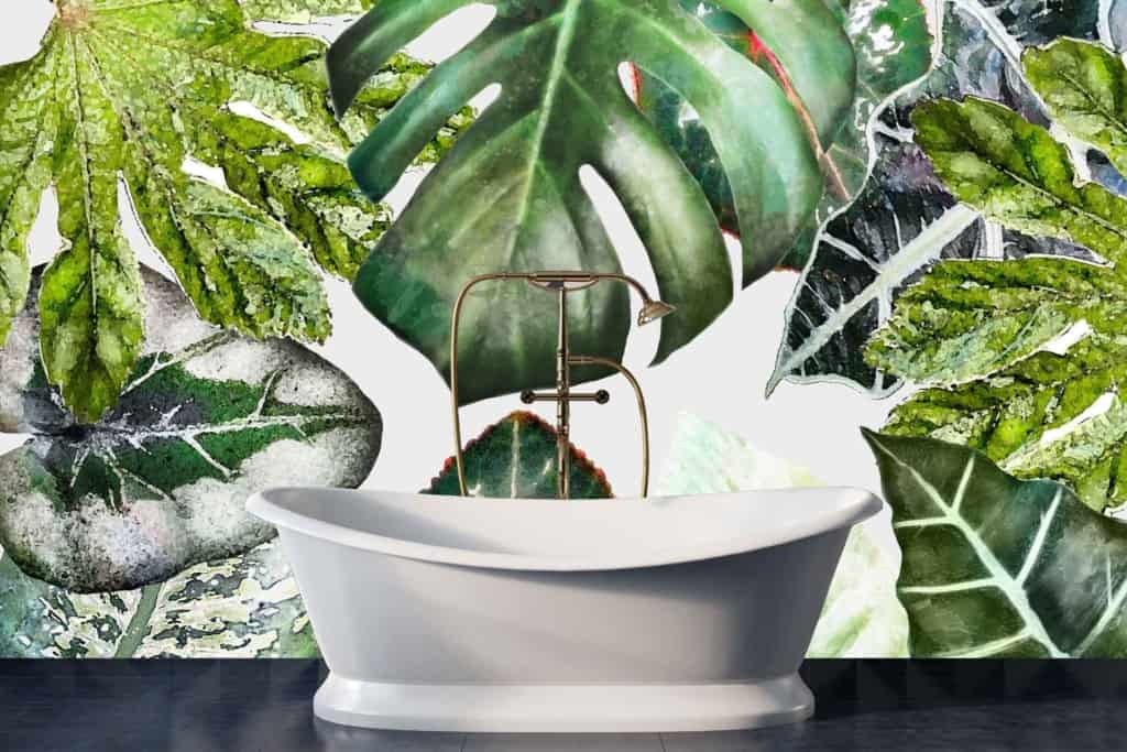 Vibrant wall art featuring large, green tropical leaves. Highlights include various shades of green with intricate leaf patterns. Exotic and lush botanical elements give a fresh, nature-inspired vibe to the space.