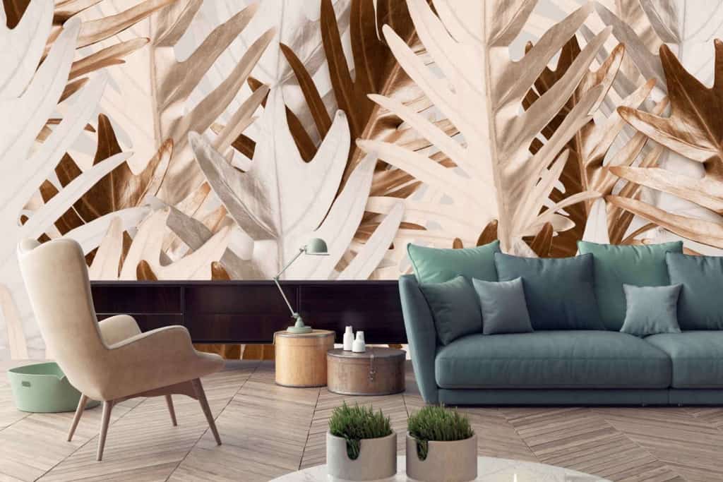 Artistic wallpaper featuring stylized overlapping leaf patterns in shades of brown and beige.