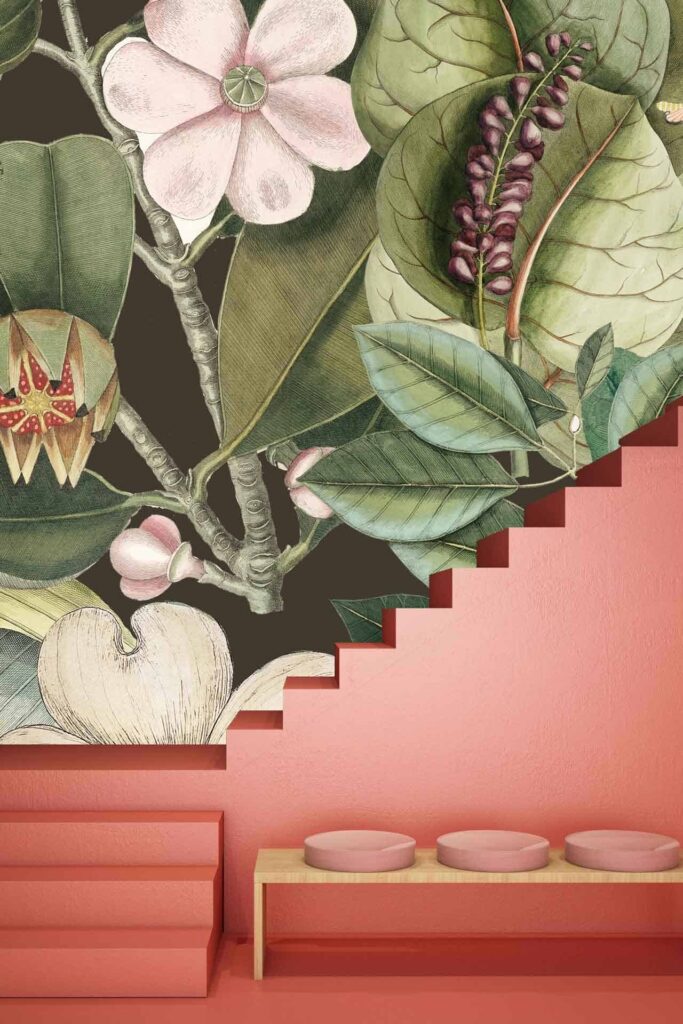 Oversized botanical mural with large green leaves, pink flowers, and purple berries. Vibrant, natural atmosphere.