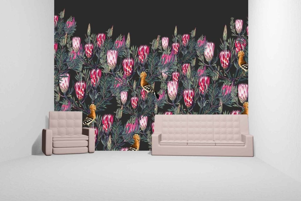 A dark floral accent wall showcasing bright, intricately designed protea flowers and foliage. Colors include deep, rich backgrounds with vivid hues of pink, red, and green detailing the protea blossoms and leaves.
