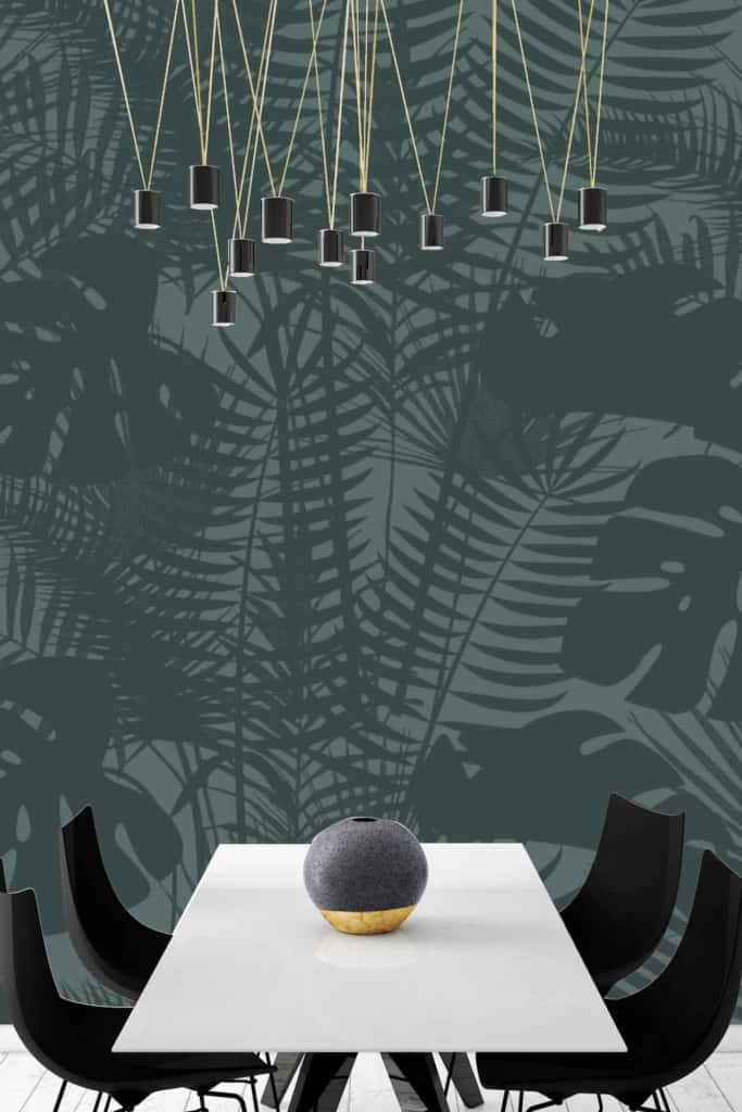 Dark green wall, subtle Shadow Fern pattern.