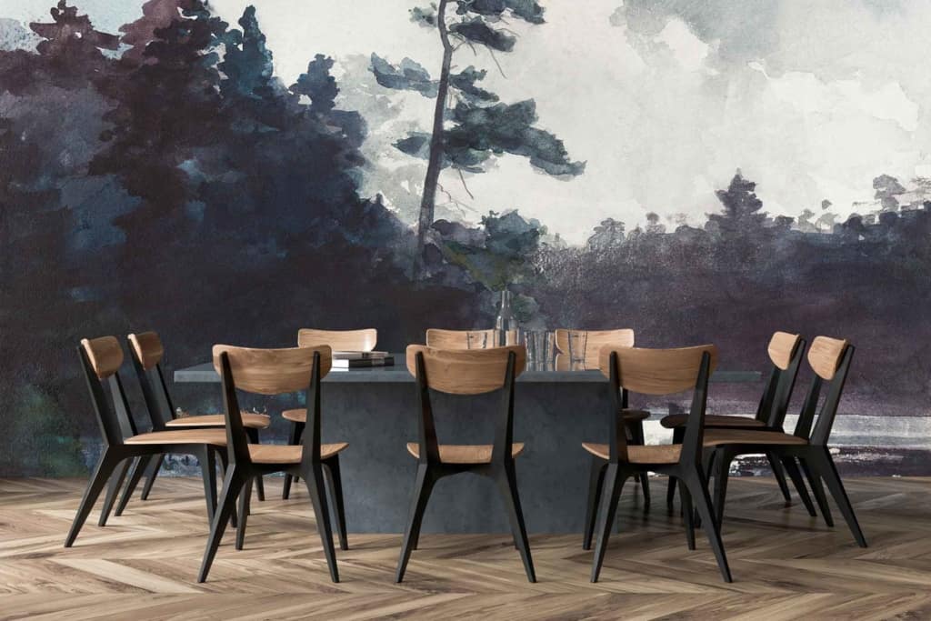 The wallpaper features a lush, textured forest-themed mural. It showcases shades of deep green, olive, and moss with intricate tree silhouettes. Pops of earthy browns and hints of gold accentuate the foliage, capturing the essence of a serene woodland scene.