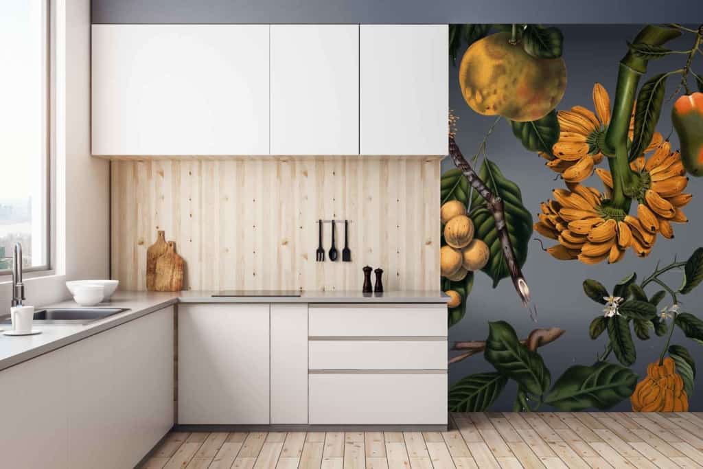Colorful, large botanical mural featuring fruits and flowers. Elements include vibrant fruits like oranges, lemons, and berries; various flowers in shades of red, pink, yellow, blue; lush green leaves. Engaging design perfect for adding a splash of nature and color to modern spaces.