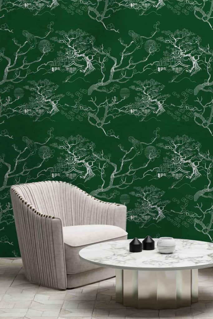 Dark green wallpaper with intricate white tree and foliage patterns evoking a "Take me Back" sentiment.