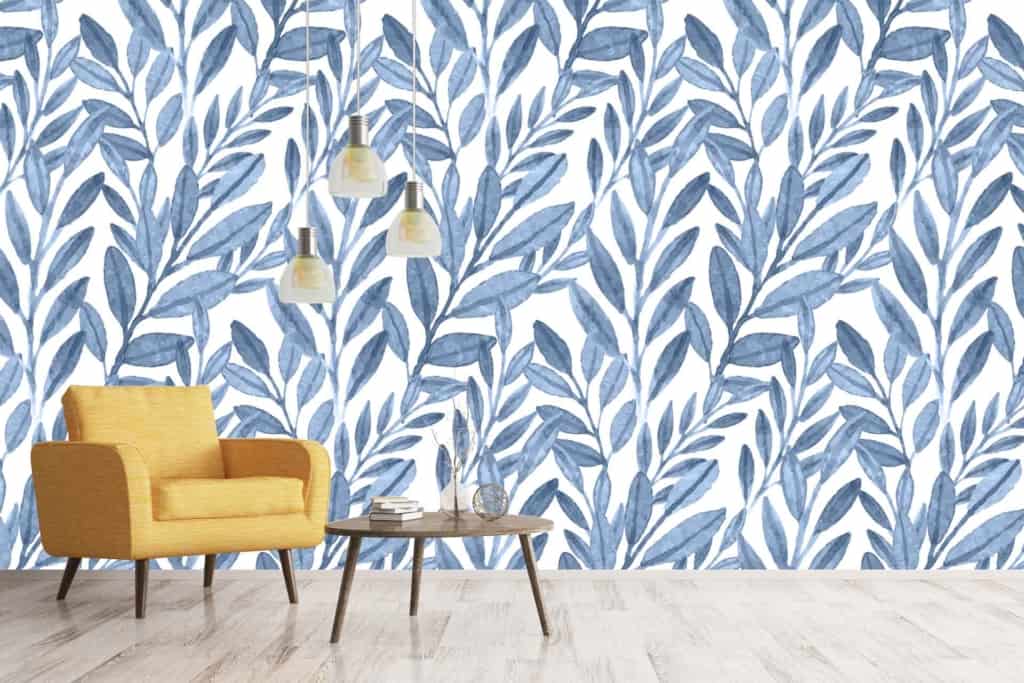 The wallpaper features a blue and white leafy pattern.