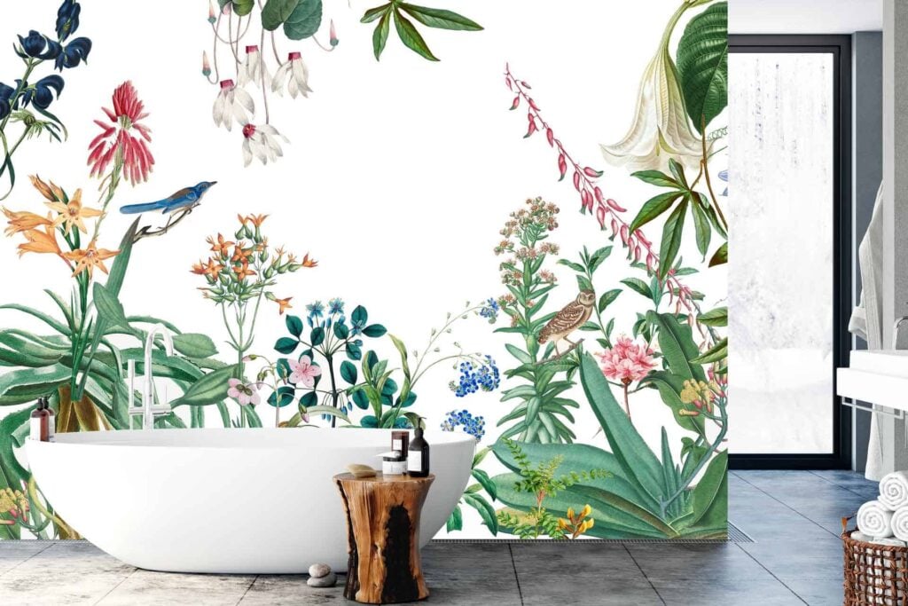 Vibrant mural featuring various colorful flowers and birds. Elements: flowers, birds, nature-inspired. Colors: multiple vibrant hues.