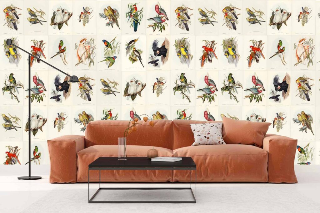 The wallpaper features a collage of colorful, vintage bird illustrations.