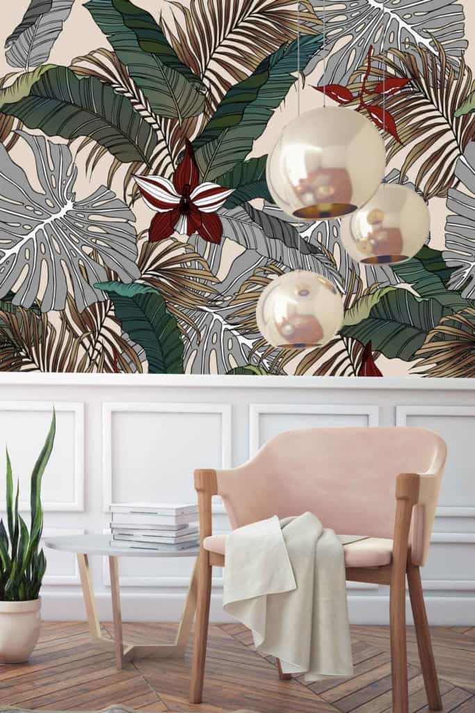 Tropical-themed wallpaper, large green leaves, brown leaves, gray leaves, burgundy flowers.