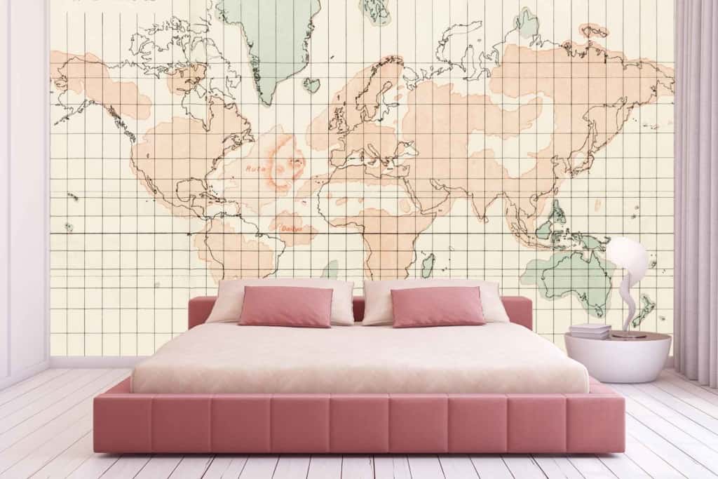 The World Simplified" mural is a large, minimalist world map. It features light gray continents on a white background with subtle country borders. The map’s ocean areas are in an even lighter shade of gray, creating a clean and uncluttered look. This wallpaper pairs seamlessly with the room's aesthetic while adding an educational touch to the space.