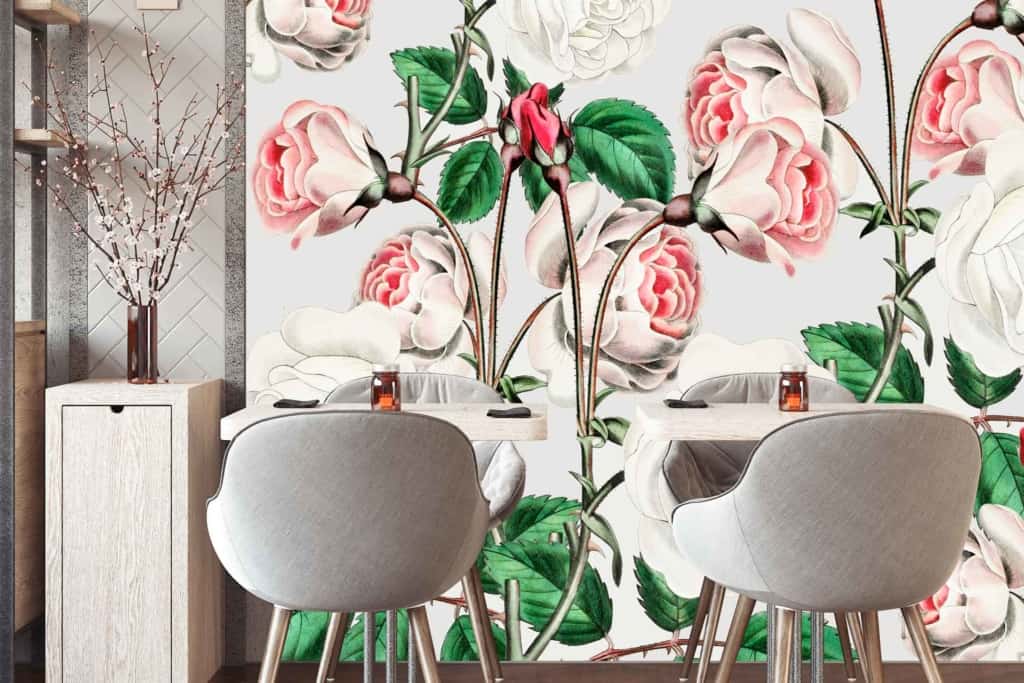 Vibrant floral wallpaper featuring large pink and white roses, green stems, and leaves. The design creates a feeling of being Thorn Amongst the Roses.