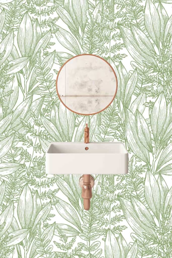 The bathroom wall showcases **green leaf-patterned wallpaper**.