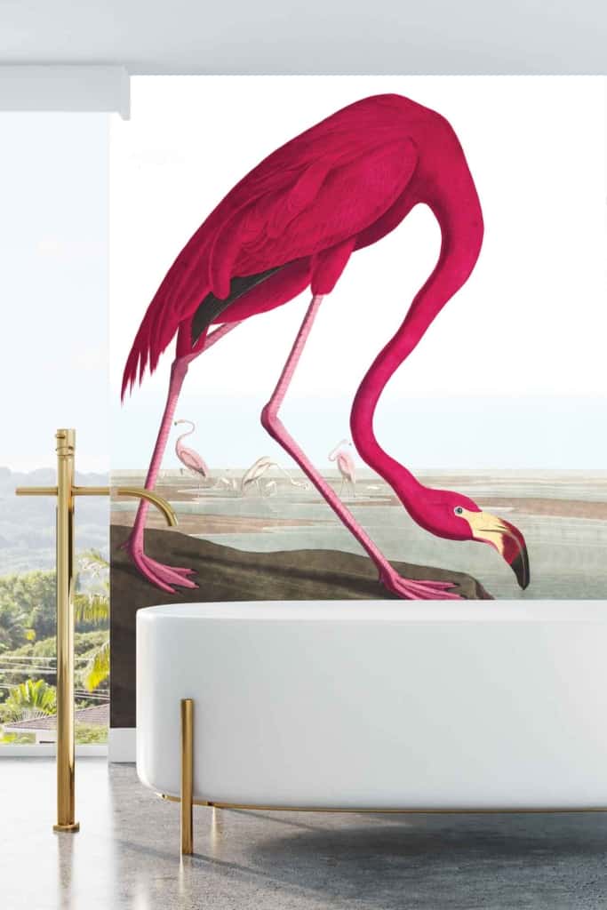 The wallpaper features a vibrant, artistic mural of a large pink flamingo surrounded by smaller flamingos in the background. Colors include various shades of pink for the flamingos, set against lush, tropical greenery.