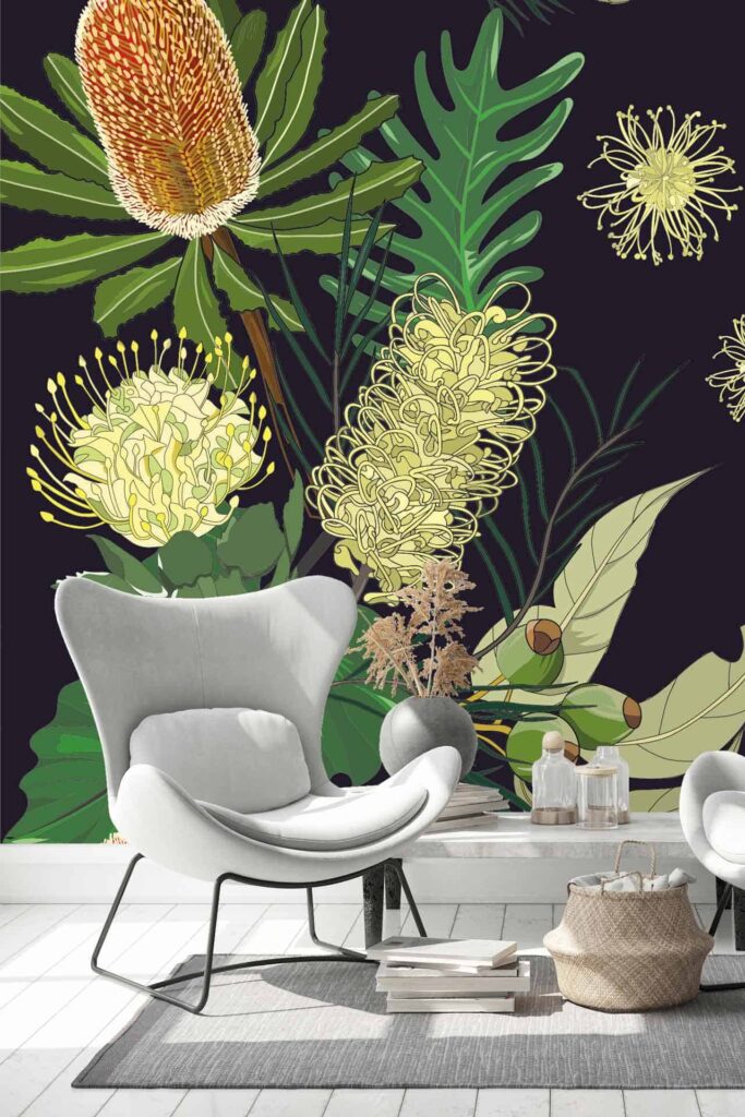 Vibrant botanical mural, detailed illustrations, various plants, flowers, golden wattle, shades of green, yellow, gold.