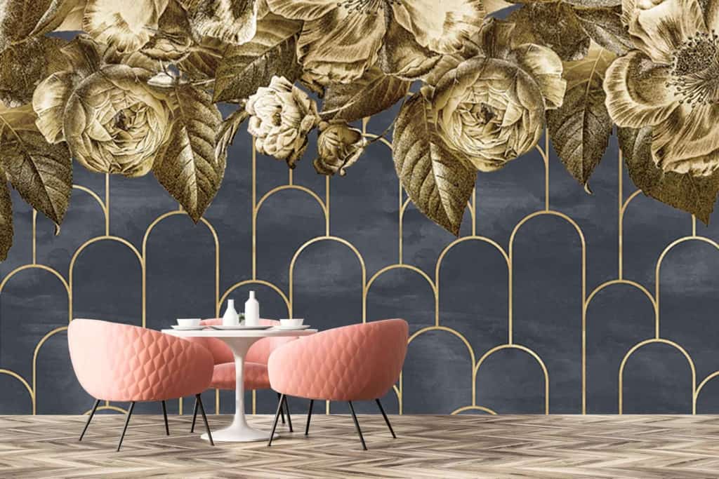 Wallpaper: dark blue background, gold geometric pattern, large intricate illustrations of flowers and leaves.