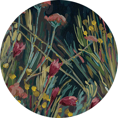 A circular painting wallpaper by CS & Co features wildflowers in vibrant red, yellow, and green hues with slender stems and leaves. The dark background accentuates the flowers' impressionistic style, giving them a gently waving appearance.
