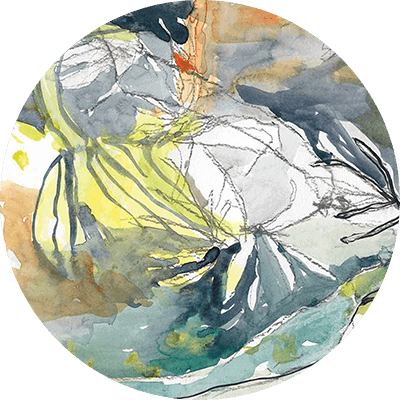 A circular abstract painting features overlapping organic shapes in grey, yellow, and green, with hints of black and orange. The mix of muted and vibrant colors creates a dynamic yet fluid appearance. Brushstrokes and lines add motion akin to CS:GO artwork.