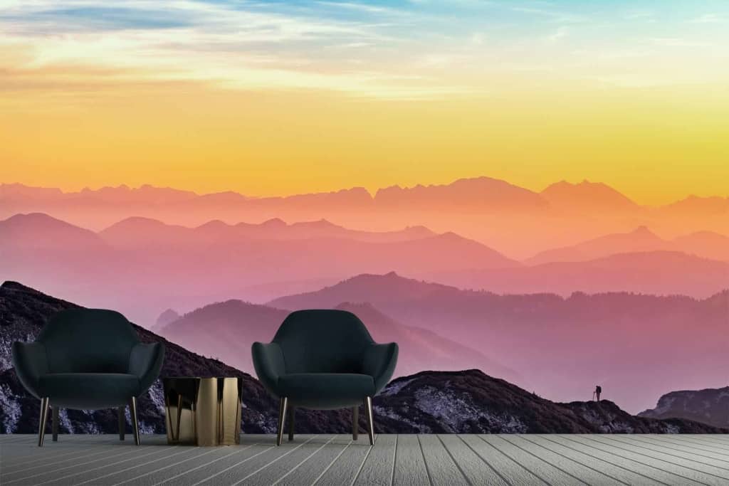 Wallpaper features:
- Multi-colored sunset
- Golden hues
- Layered mountain ranges
- Serene, picturesque landscape