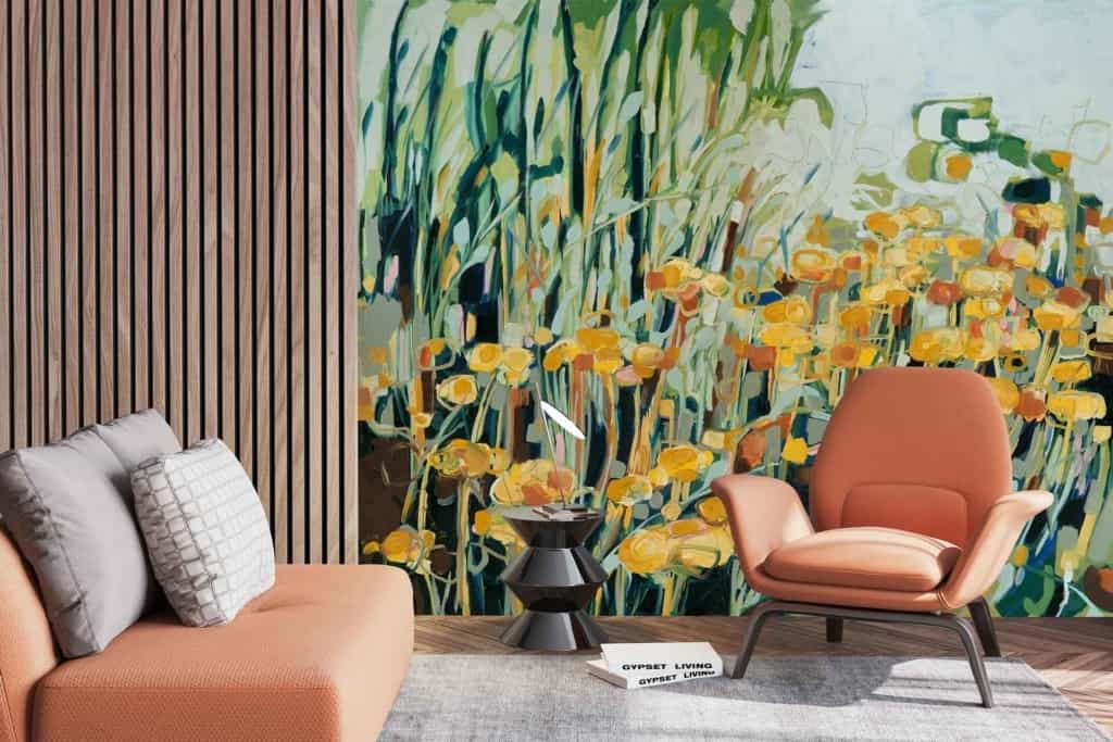 The wallpaper features vibrant yellow flowers and lush green foliage, specifically depicting Erica and Helichrysum Italicum.