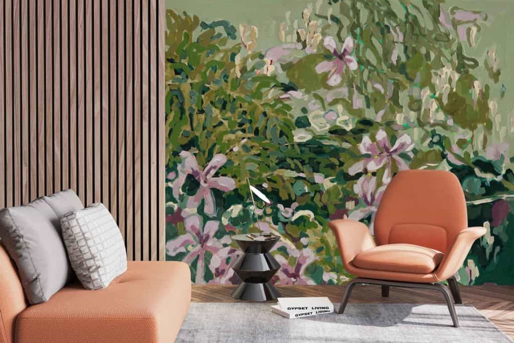 Large mural wallpaper featuring green foliage and pink flowers. Key elements include lush green leaves, various plant shapes, and vibrant pink floral blooms. Ideal for search terms: botanical mural, green leaves wallpaper, pink flower wall decor.