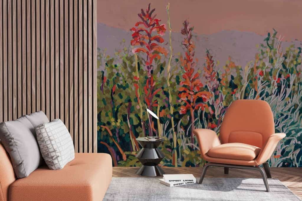 Colorful floral mural: features vibrant hues like reds, pinks, blues, yellows, and greens with intricate flower patterns.