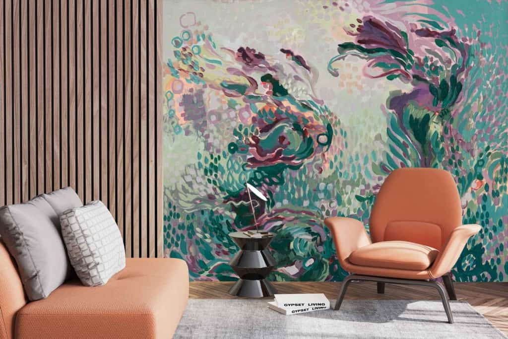 Artistic wall mural featuring abstract swirls in green, pink, and purple tones.