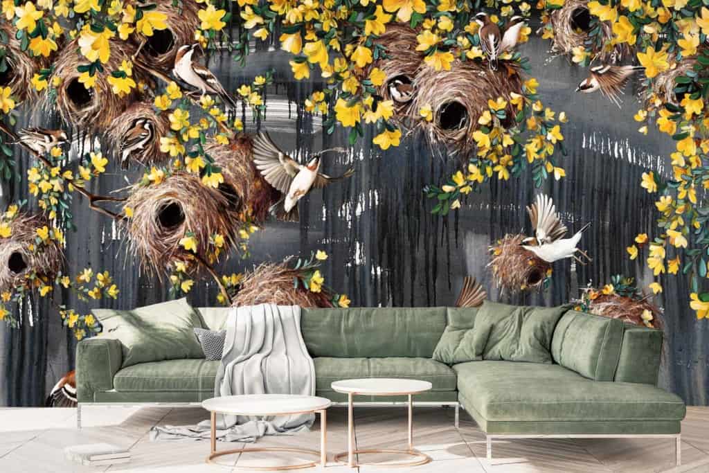 Mural features birds, nests, and blooming yellow flowers. Colors include shades of green, yellow, and white. Nature-inspired theme with intricate details.