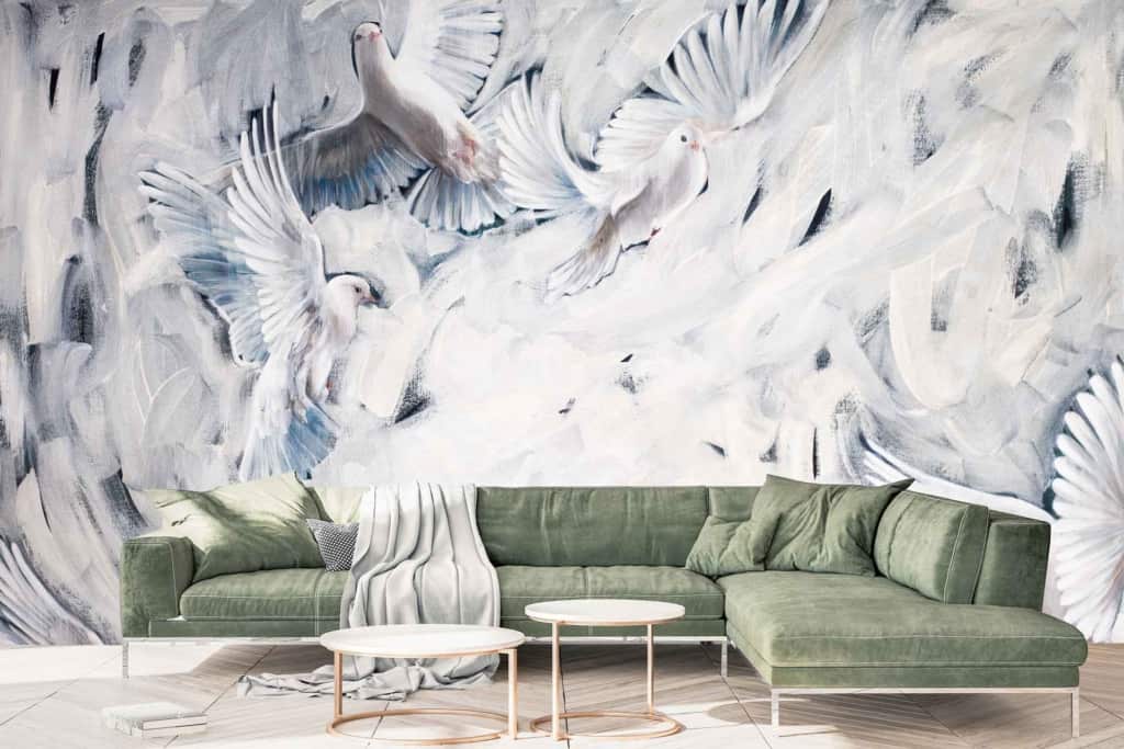 A large mural of white doves in flight with soft, abstract strokes. Features elements of white and shades of gray creating a serene feel. Key elements: White doves, abstract strokes, soft tones.