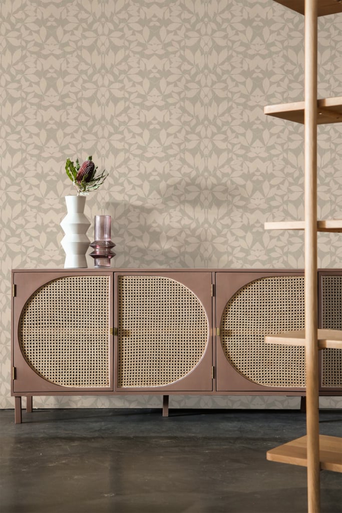 Beige floral wallpaper with intricate flower patterns.