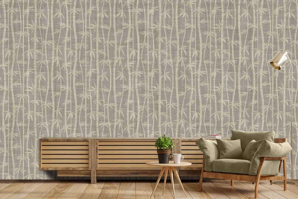 The wallpaper features a bamboo-pattern with green bamboo shoots on a light, neutral background.