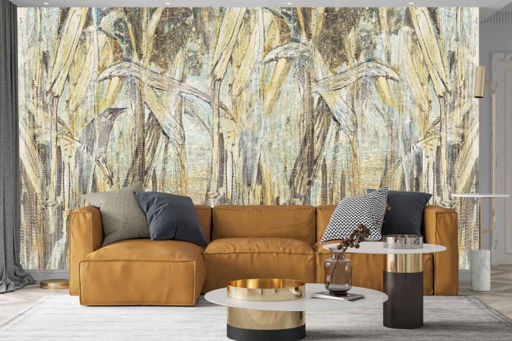 Abstract, golden reeds wallpaper; colors: gold, beige, light brown.
