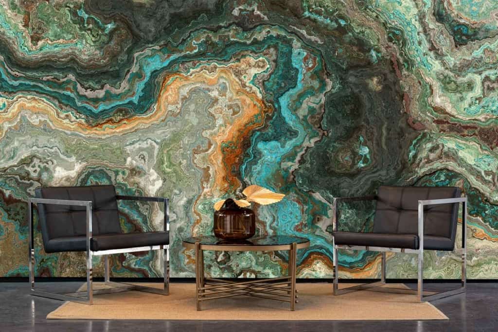 Vibrant marble wall art, shades of green, teal, brown, white. Striking background.