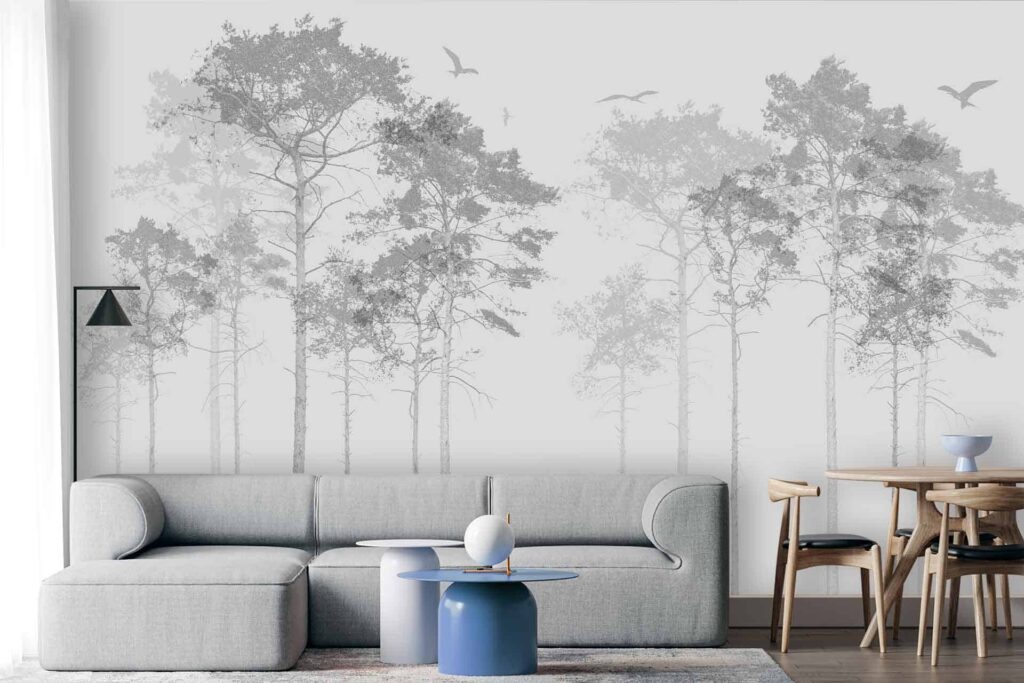 Monochromatic forest scene wallpaper with birds. Serene grayscale tones. Minimalist design featuring shades of light and dark gray.
