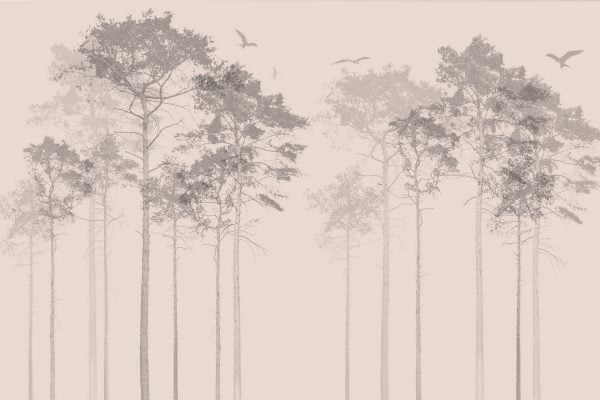 Minimalist wallpaper: Tall, slender trees with sparse branches in a misty, monochromatic (gray and white) forest. Soft, serene atmosphere. Few birds flying above treetops. Subtle gradients, muted tones, simple nature scene.