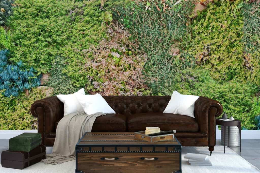 Forest-inspired wallpaper with lush green plants, rich foliage patterns, vibrant shades of green, and elements reminiscent of forest undergrowth.