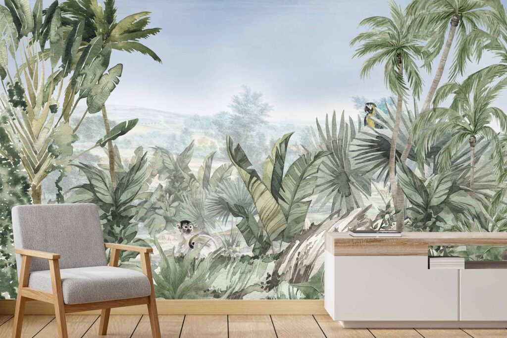 A room with a large wall mural featuring lush greenery, tall palm trees, and small birds hidden among vibrant foliage. Predominant elements include tropical plants and wildlife. Key colors are various shades of green, rich earthy browns, and subtle hints of bright colors from the birds.