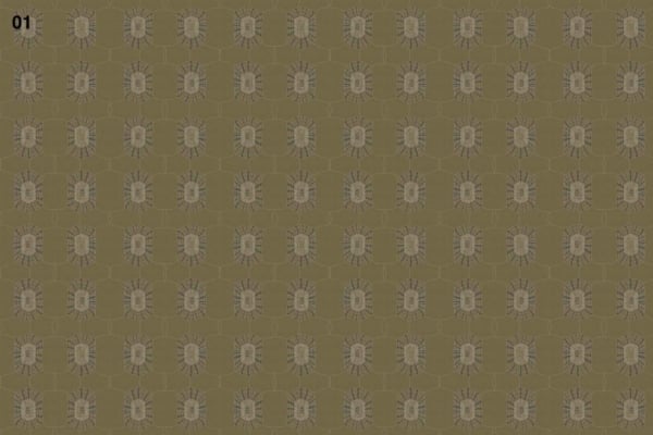 Wallpaper description:
- Olive-green background
- Evenly spaced mosquito illustrations
- Each mosquito enclosed in a hexagonal (tortoise shell-like) shape
- Grid-like arrangement of hexagons
- The number "01" printed in black in the upper left corner

Elements and colors:
- Olive-green (#808000) background 
- Black (#000000) for mosquitoes and "01"
