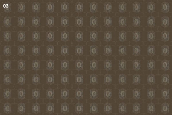 A seamless, dark brown geometric wallpaper features hexagonal shapes with intricate lace-like designs akin to tortoise shells centered within each hexagon. Patterns are uniform and evenly spaced. "03" is in the top left corner.