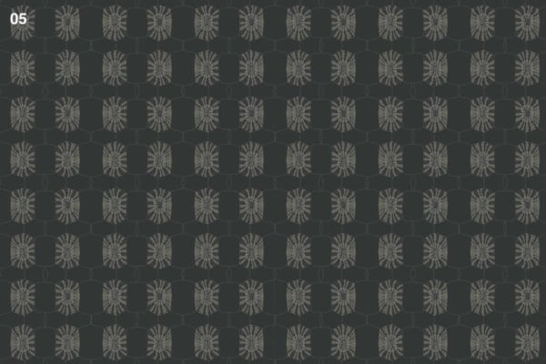 Dark green background, repeating geometric pattern in lighter green, tortoise shell-like design, interconnected circular shapes, radial lines creating web-like motif, "05" in white in top left corner.