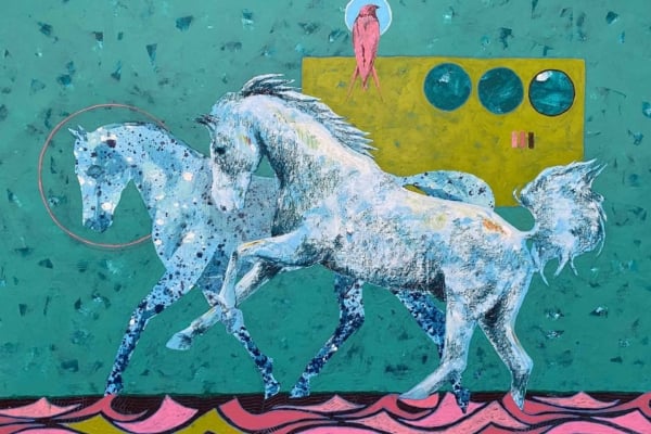 Abstract painting: white horses, blue and pink dots, green and teal background, yellow rectangle, red bird on top, pink and black wave pattern at the bottom.
