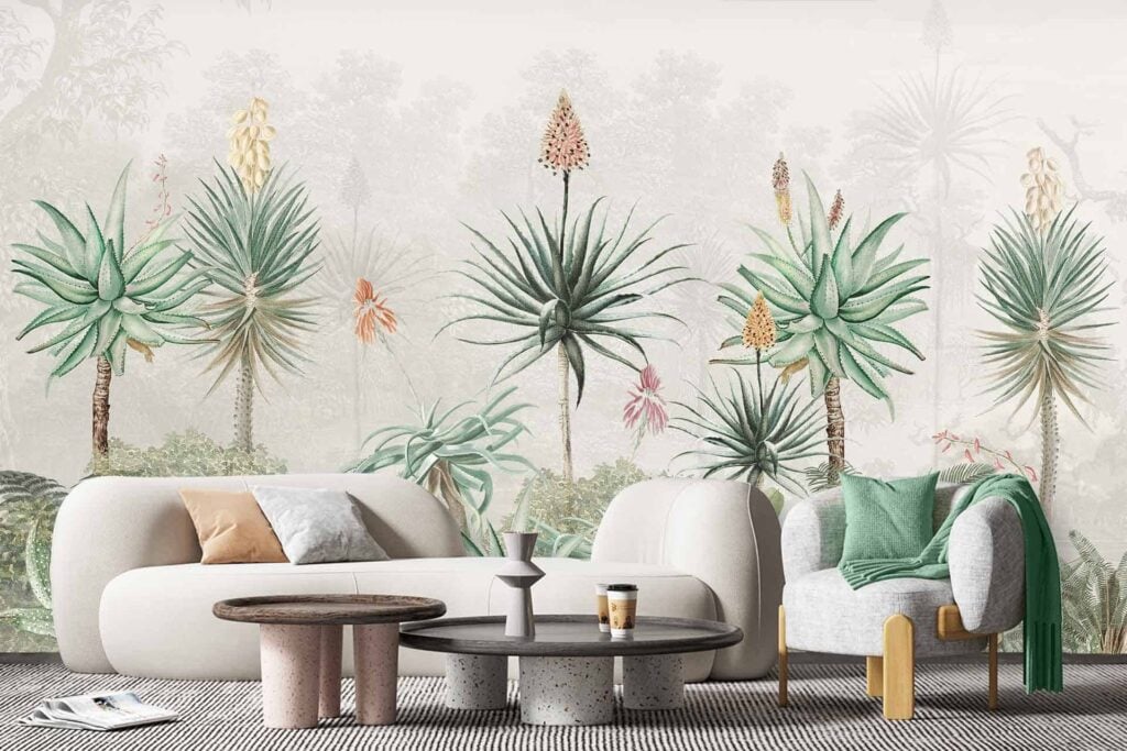 Our living room showcases an artistic wallpaper featuring various tropical plants. Expect soft, earthy colors with lush greens, gentle browns, muted yellows, and soothing beiges. The nature-inspired backdrop includes intricate leaf patterns and exotic flora motifs for a serene ambiance.