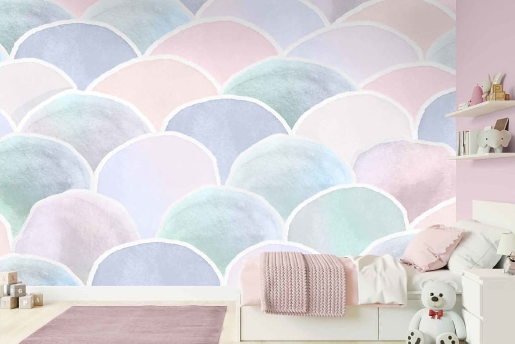 Pastel-colored wall mural with overlapping semicircles in shades of pink, blue, purple, and green.
