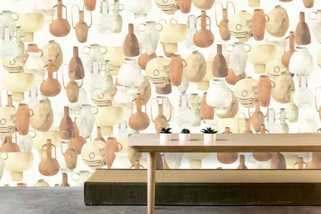 The wallpaper features a vibrant, patterned design with abstractly illustrated vases. Colors include earthy tones of beige, brown, and terracotta.