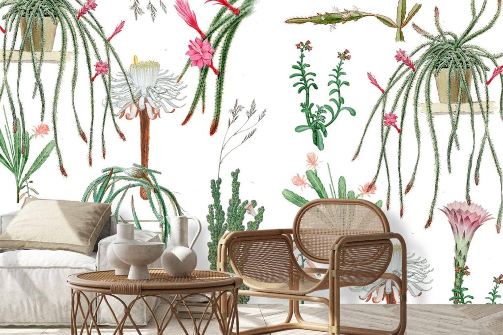 The wallpaper features a detailed botanical mural showcasing various cacti and succulent illustrations. It includes elements such as cactus pads, fleshy aloe leaves, and blooming flowers. The colors range from different shades of green to occasional pinks, yellows, and whites for blossoms.
