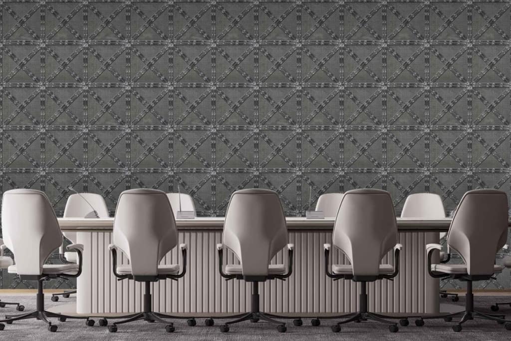 Geometric patterned wallpaper; shades of gray; modern design; clean lines; minimalistic elements.