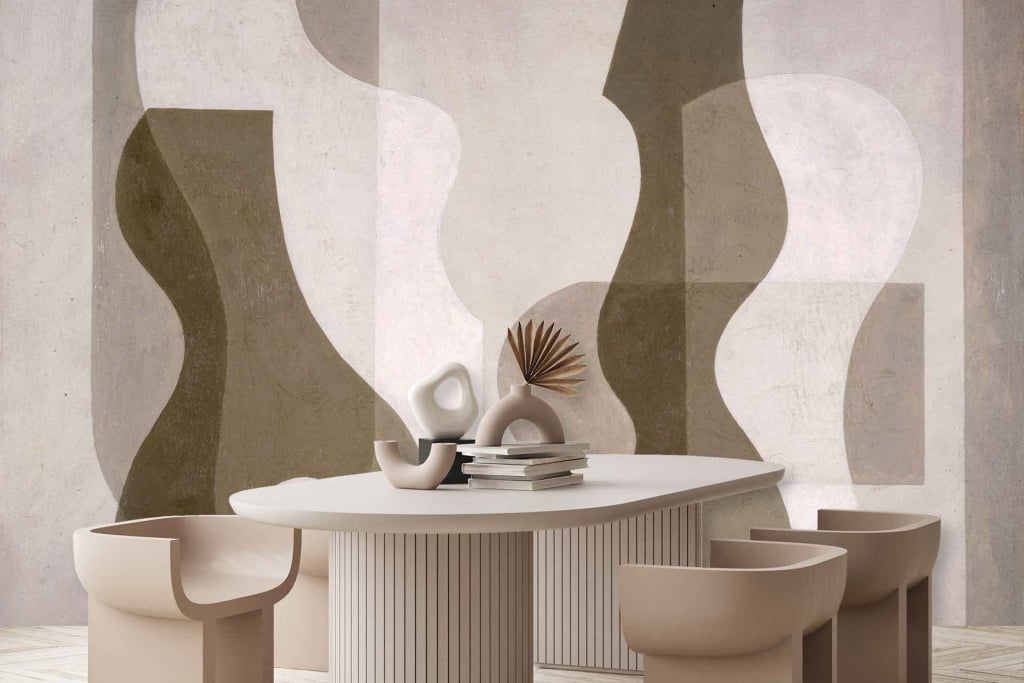A modern dining room curated by Jessica D. features abstract beige and brown wallpaper. The wallpaper boasts fluid, organic shapes in varying shades of beige and brown, adding depth and texture to the space. Key elements include smooth curves and contrasting tones that enhance the minimalist elegance of the room.