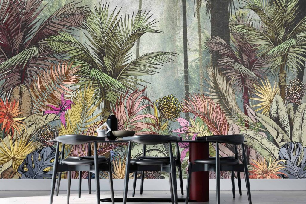 The wallpaper features a vibrant, Arabesque-inspired mural with colorful, detailed elements including palm leaves and tropical plants. The design is lively and exotic, showcasing a rich palette of greens, blues, reds, oranges, and yellows.