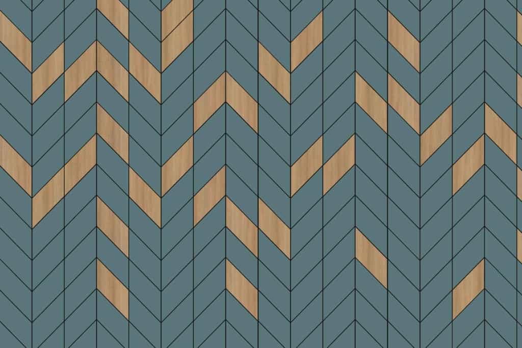 The wallpaper showcases a clean-cut chevron pattern with alternating strips of deep blue and light wood grain. The zigzag design creates a visually appealing effect, seamlessly blending modern elements with natural textures. Key features include:

- Chevron pattern
- Deep blue strips
- Light wood grain strips
- Zigzag arrangement

Keywords: chevron, deep blue, light wood grain, zigzag, modern-natural blend.
