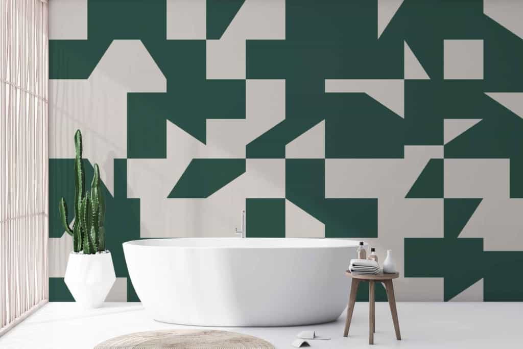 Geometric-patterned wallpaper in green and white.