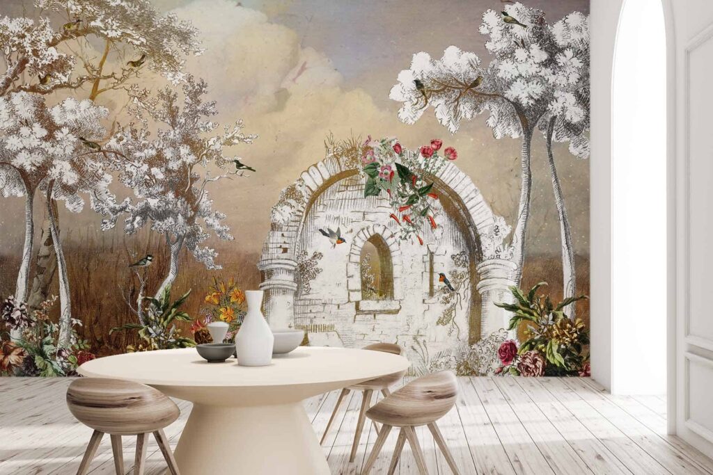 The wallpaper features a weathered stone archway, surrounded by lush trees, vibrant flowers, and various birds. Set under a cloudy sky, the color palette includes earthy browns and grays for the stone, rich greens for the trees, and splashes of colorful hues for the flowers and birds. Light streaming through adds a serene glow to the scene.