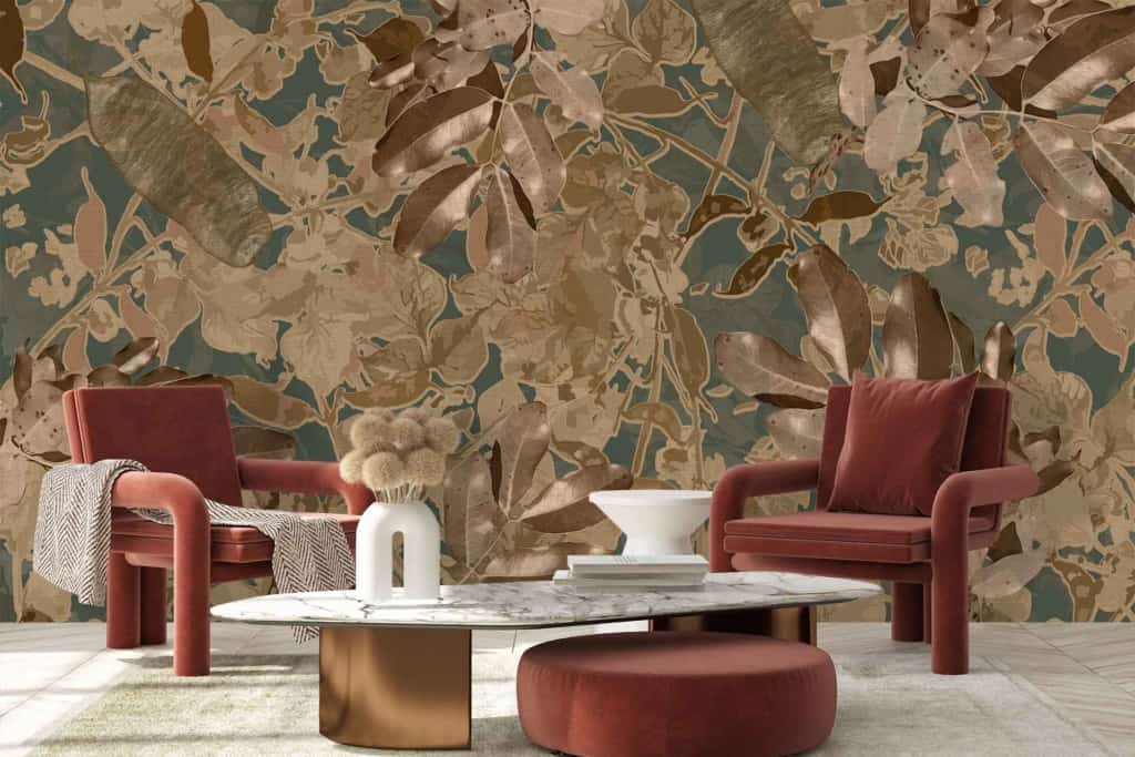 The wallpaper features a bold, earthy-toned botanical print with rich greens, deep browns, muted golds, and subtle hints of burgundy.